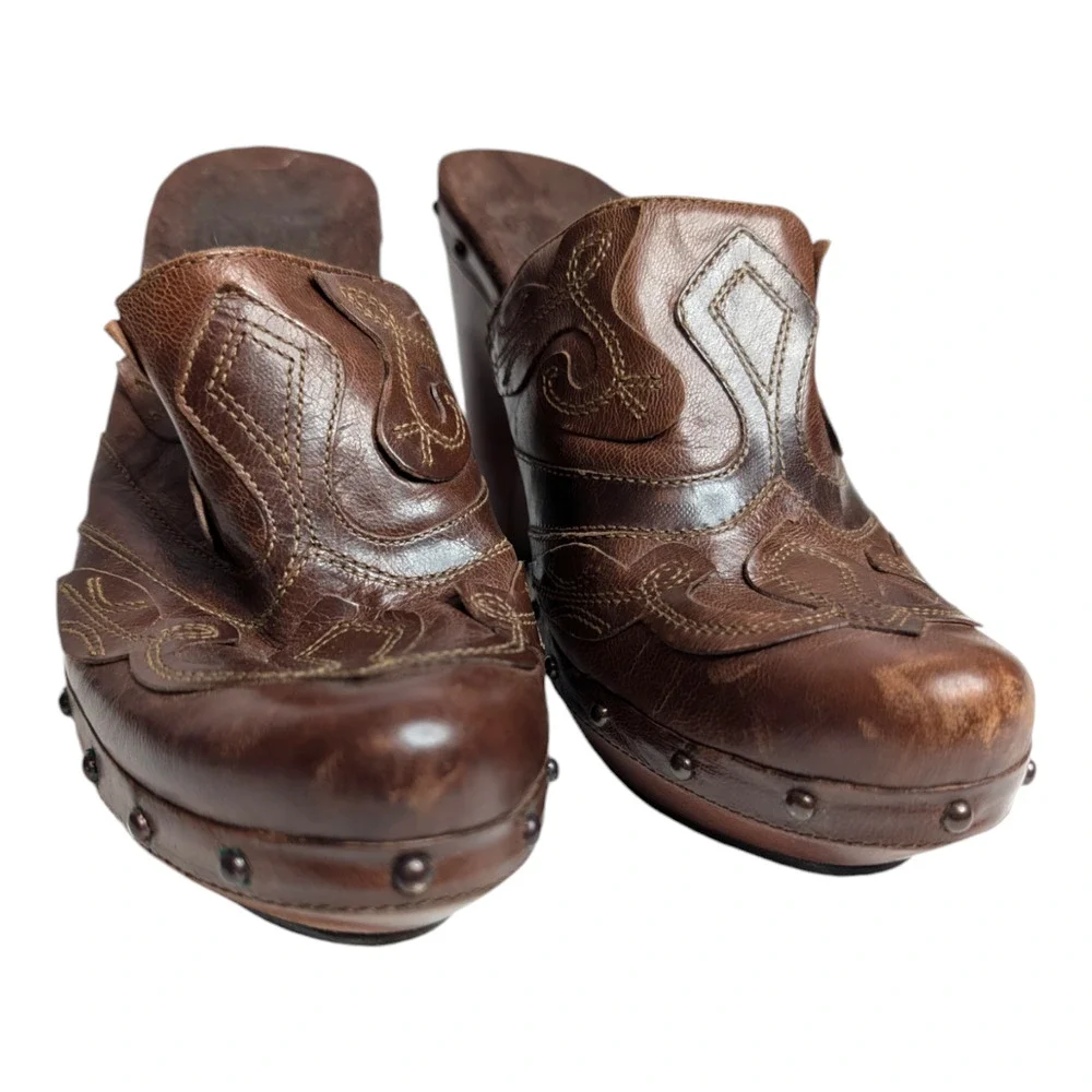 Nine West Luzio Womens‎ Size 8.5 Brown Leather Clogs Bootie Heels Western Cowboy
